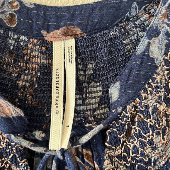 By Anthropologie Women's Blouse Size Large Long Sleeve Blue Floral Smocked Boho - Picture 2 of 12